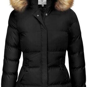 NWT WenVen Women's Black 2XL Thick Puffer Coat with Faux Fur Removable Hood